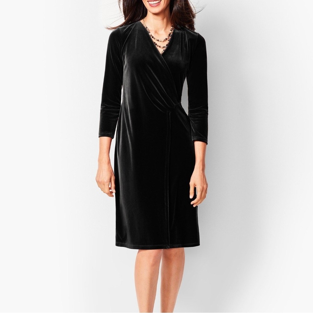Talbots Faux Wrap Dress Black Velvet 3/4 Sleeve V-Neck Sheath SZ L Party Evening